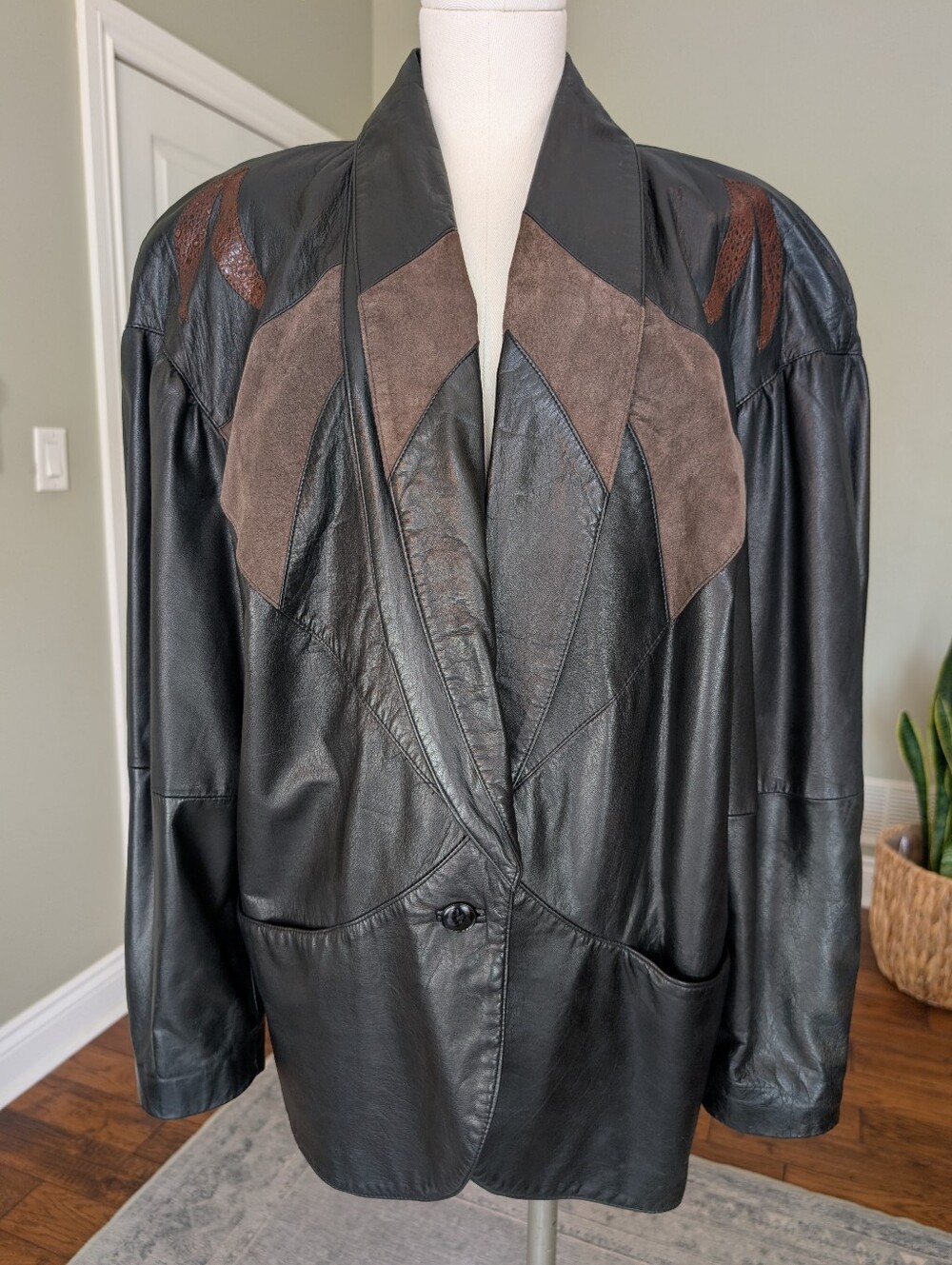 Vintage Genuine Leather Suede Jacket Oversized Blazer Black Brown Boho Size 12